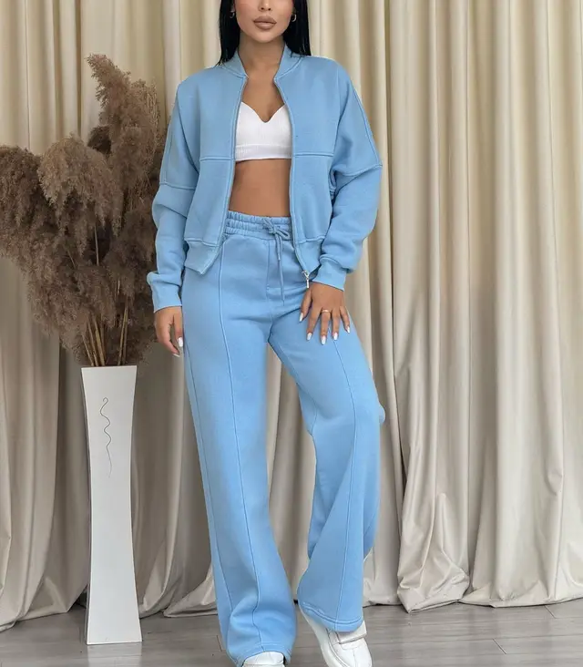 Fashion Casual Solid Color Long sleeved Sweater Zipper Trousers Two piece Set Blue - Shop at LoveMi