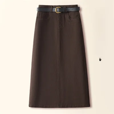 Brown A Line Straight Skirt Retro Slit Hip Skirt Brown - Shop at LoveMi