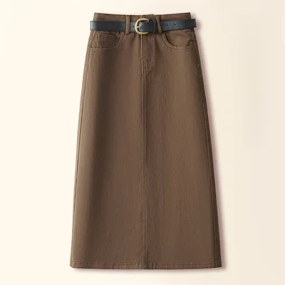 Brown A Line Straight Skirt Retro Slit Hip Skirt Khaki - Shop at LoveMi