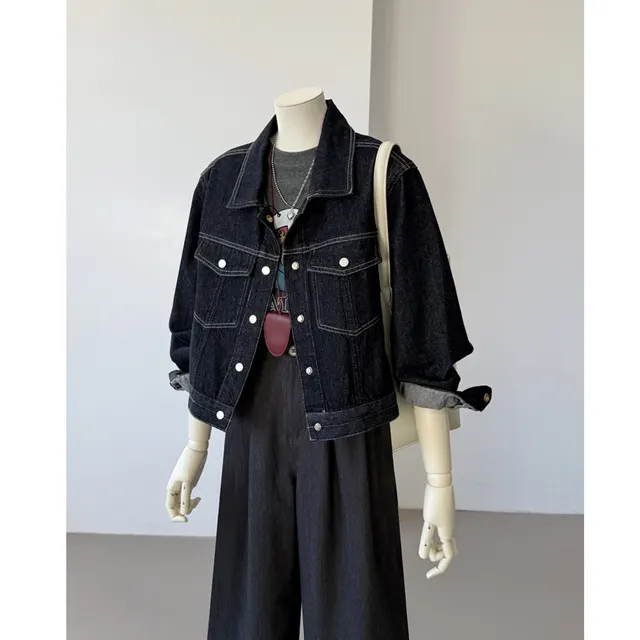 Korean Style Pocket Lapels Retro Dark Blue Short Denim Coat Dark Blue - Shop at LoveMi