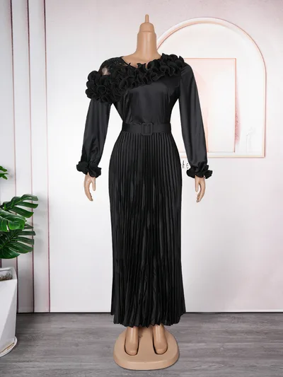 Long Sleeve Dress African Pleated Skirt Black - Shop at LoveMi