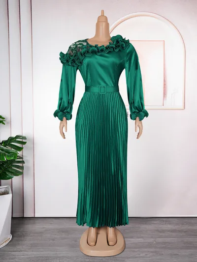 Long Sleeve Dress African Pleated Skirt Green - Shop at LoveMi
