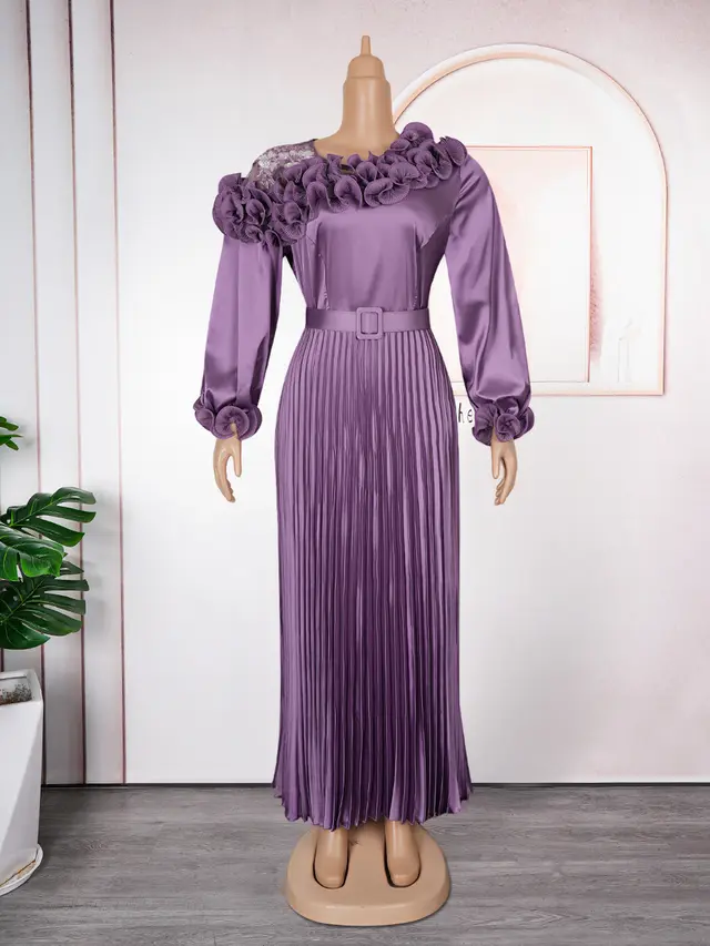 Long Sleeve Dress African Pleated Skirt Purple - Shop at LoveMi