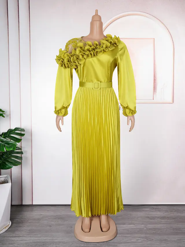 Long Sleeve Dress African Pleated Skirt Yellow - Shop at LoveMi