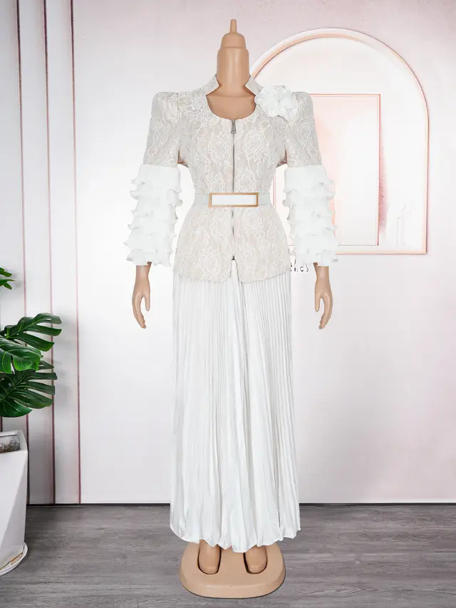 Pleated Lace Printed Long Dress Wedding Dress Two piece Set Apricot - Shop at LoveMi