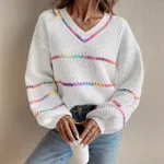 V-collar Contrast Color Women's Long Sleeve Pullover Loose Sweater - White