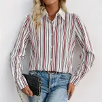 Lapel Color Vertical Striped Shirt For Women - Wine