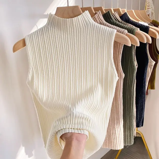 Women's Korean style Half Turtleneck Knitted Inner Match Vest Apricot - Shop at LoveMi
