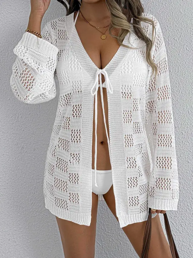 Women's Cardigan Hollow Out Long Sleeve Sun Protective Blouse White - Shop at LoveMi