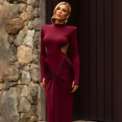 Long Sleeve High Collar Temperament Slim Fit Pleated Backless Dress Wine Red - Shop at LoveMi