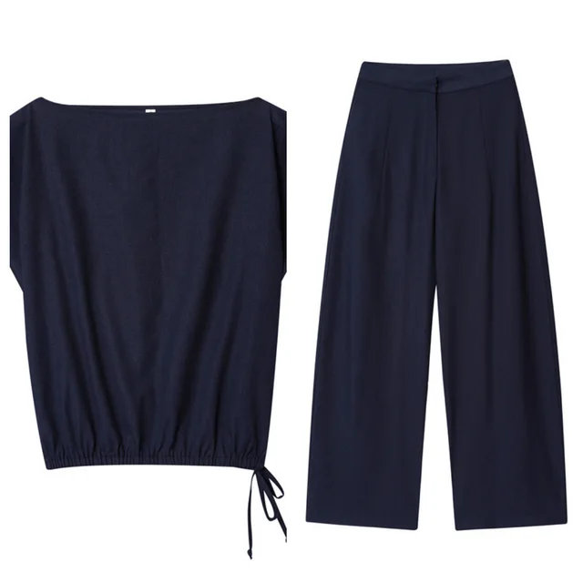 Foreign Trade Off neck Flounced Sleeve Linen Shirt Top Wide Leg Trousers Suit - Shop at LoveMi