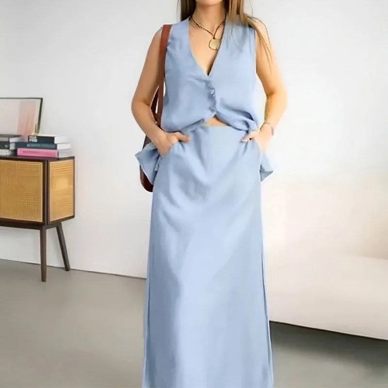 Casual Loose Top Long Skirt Two piece Suit Blue - Shop at LoveMi