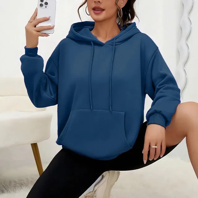 All matching Loose Drawstring Pocket Sweatshirt Long Sleeve Women Blue And Gray - Shop at LoveMi