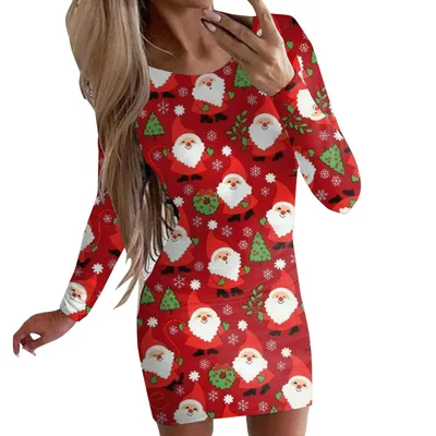 New Christmas Printed Round Neck Long Sleeve Narrow Dress Flower4 - Shop at LoveMi