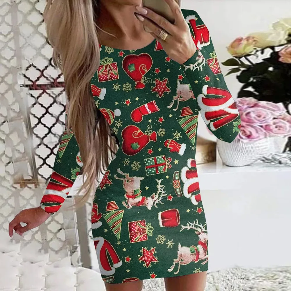 New Christmas Printed Round Neck Long Sleeve Narrow Dress Flower5 L - Shop at LoveMi