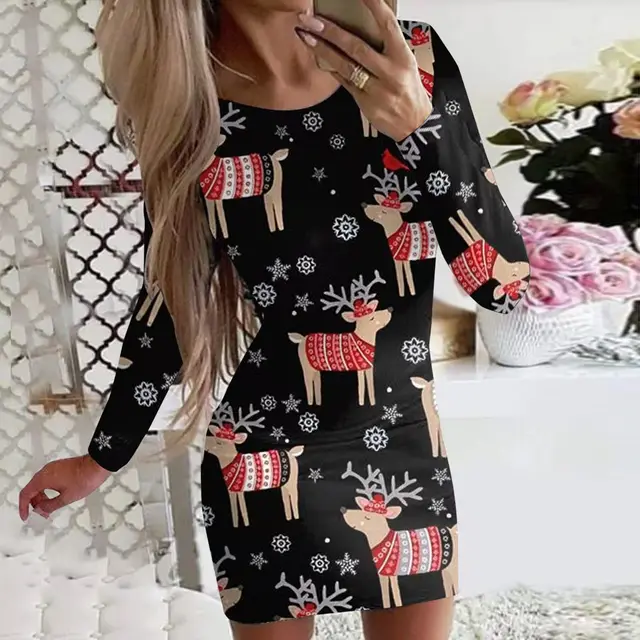 New Christmas Printed Round Neck Long Sleeve Narrow Dress Flower9 - Shop at LoveMi