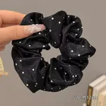 Bold Polka Dot Simple Floral Large Intestine Hair Ring - Black Satin Polka Dot
