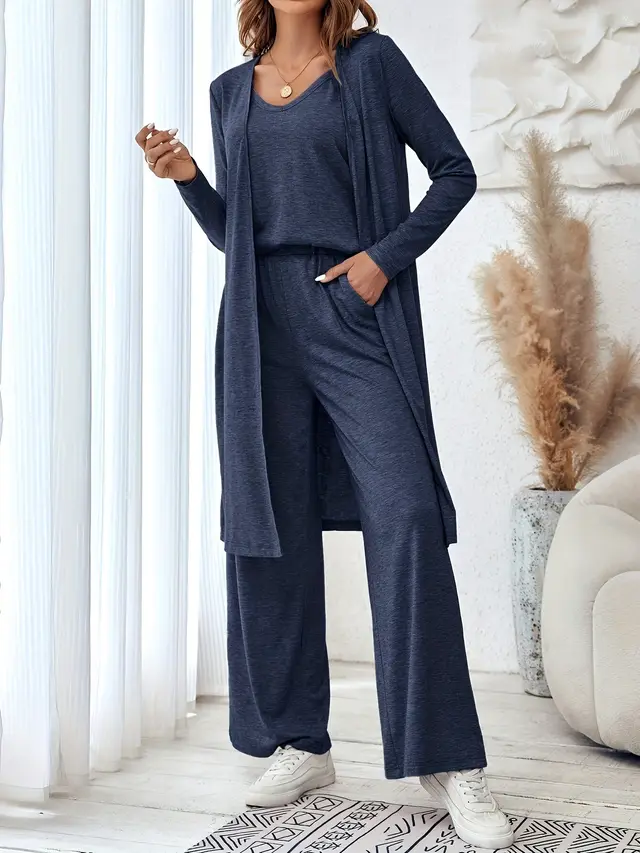 Sling Top Long Cardigan Trousers Three Suit Blue - Shop at LoveMi