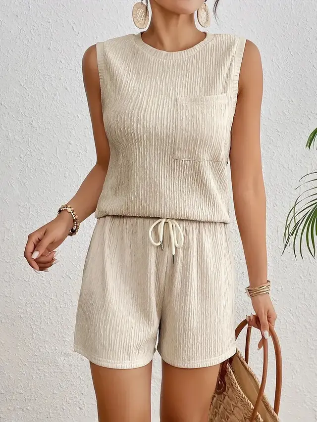 Solid Color Sleeveless Round Neck Vest Shorts Set Apricot - Shop at LoveMi