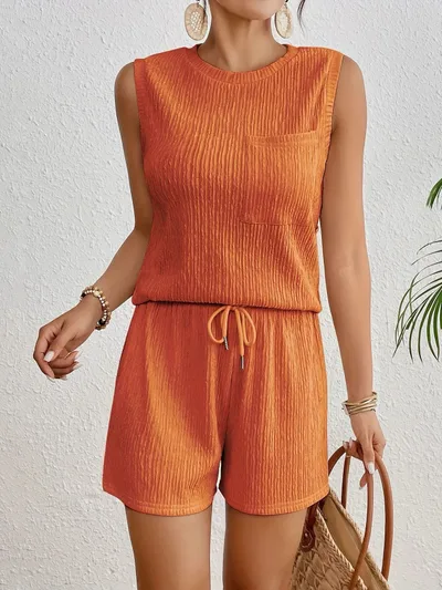Solid Color Sleeveless Round Neck Vest Shorts Set Orange - Shop at LoveMi