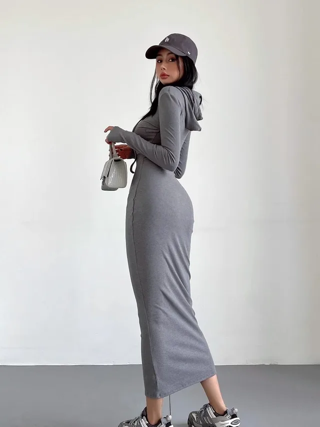Women's Temperament Sheath Over The Knee Dress Hooded Long Sleeve Underwear Long Dress Light Gray - Shop at LoveMi