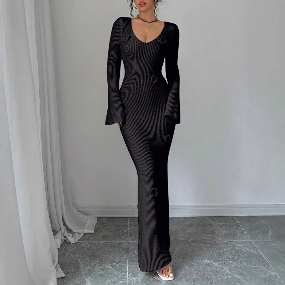V-neck Waist Trimming Knitted Dress Women's Slimming Sheath - Black