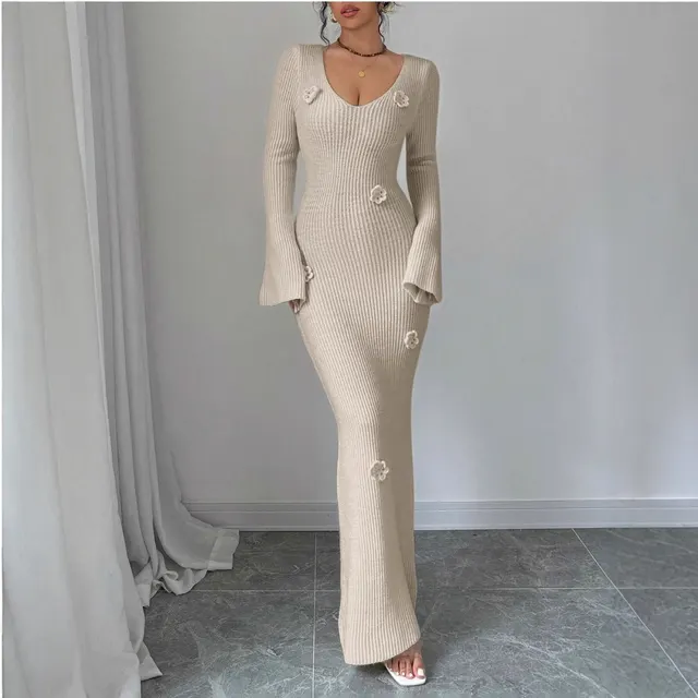 V neck Waist Trimming Knitted Dress Women's Slimming Sheath Champagne - Shop at LoveMi