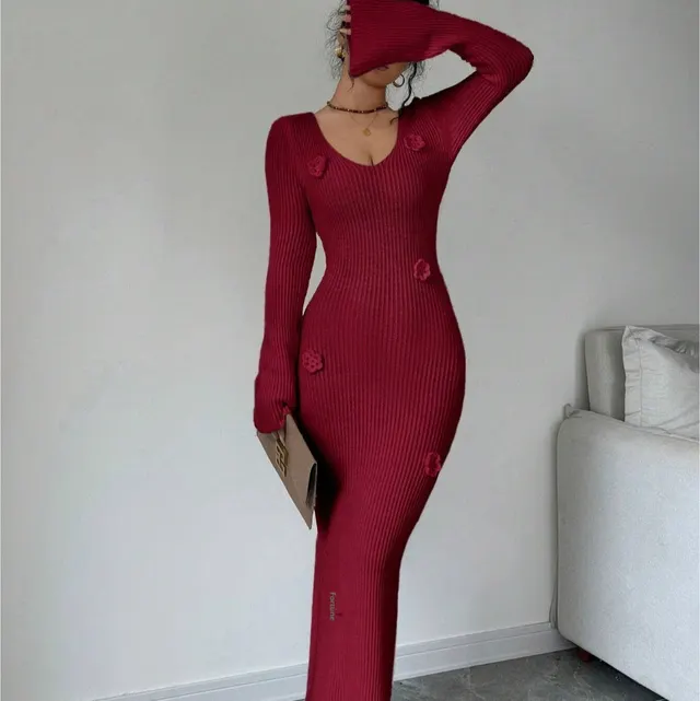 V neck Waist Trimming Knitted Dress Women's Slimming Sheath Red - Shop at LoveMi