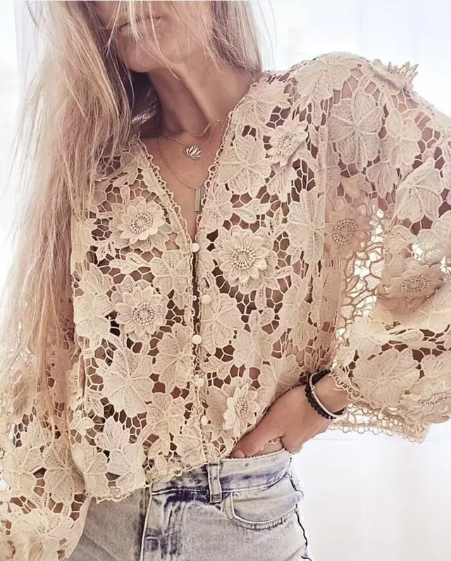 Elegant Three dimensional Lace Flower V neck Hollow Long Sleeve Khaki - Shop at LoveMi