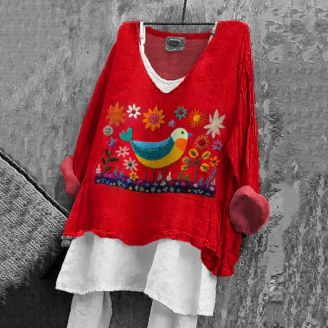 Women's Ethnic Flower And Bird Art Print Cotton And Linen Shirt Red - Shop at LoveMi