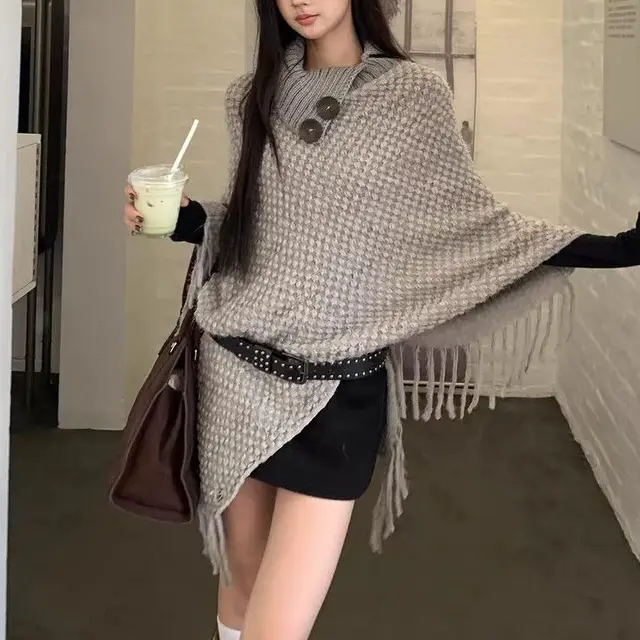 Women's Casual Plush Design Sweater Shawl Cape Gray - Shop at LoveMi