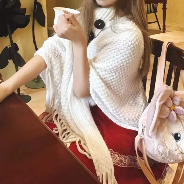 Women's Casual Plush Design Sweater Shawl Cape White - Shop at LoveMi