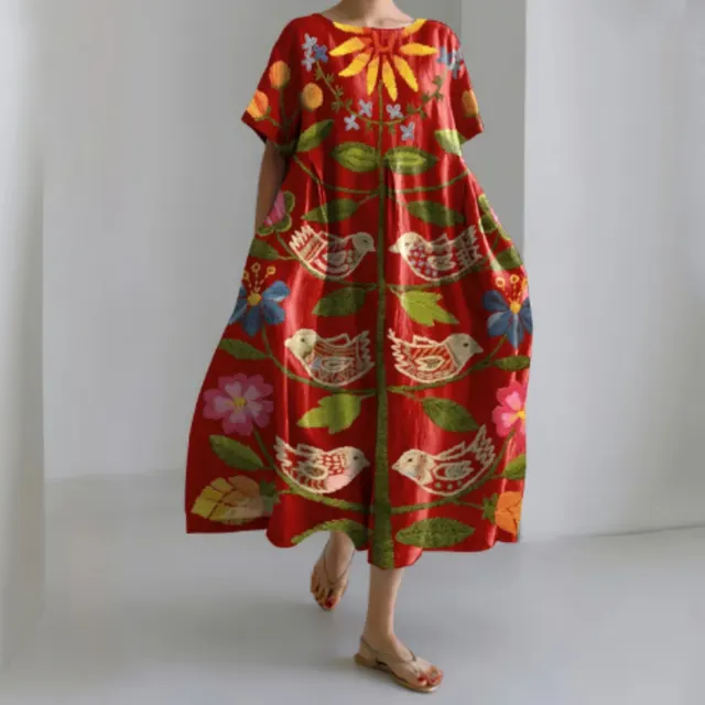 Red Flower And Bird Art Pattern Print Crew Neck Maxi Dress Red - Shop at LoveMi