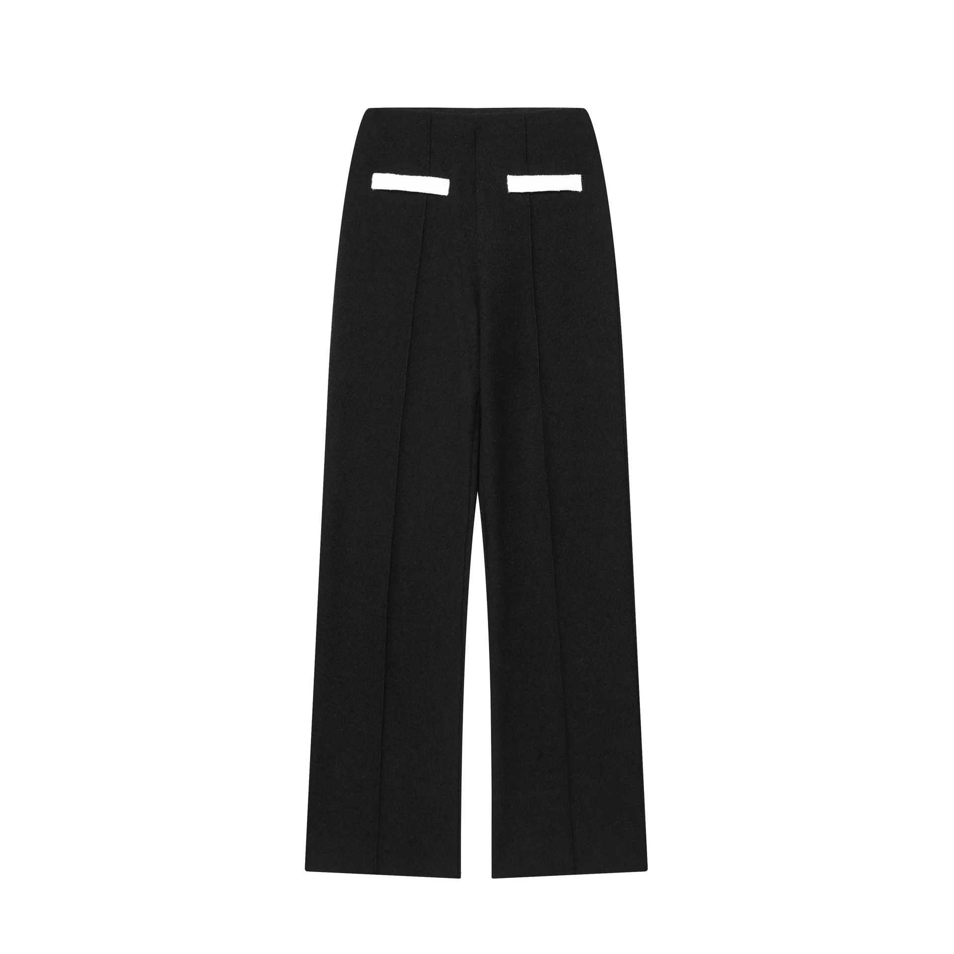 Contrast Color Beaded Leather Round Neck Top Stretch High-waisted Trousers Suit - Casual Pants