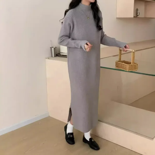 Half Turtleneck Base Knitting Dress Overknee Long Silver Gray - Shop at LoveMi