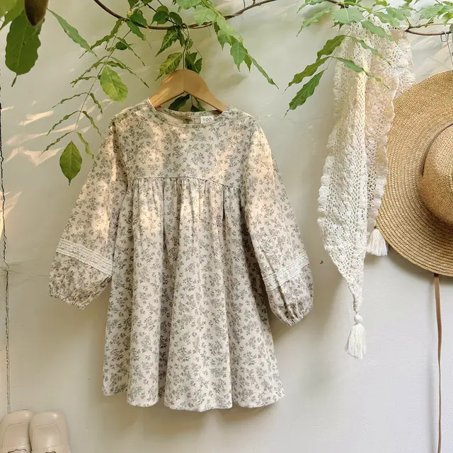 Round Neck Puff Sleeve Lace Girl Dress Vintage Floral - Shop at LoveMi