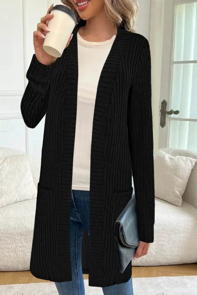 Long Sleeve Loose Pockets Knitted Cardigan Jacket Black - Shop at LoveMi