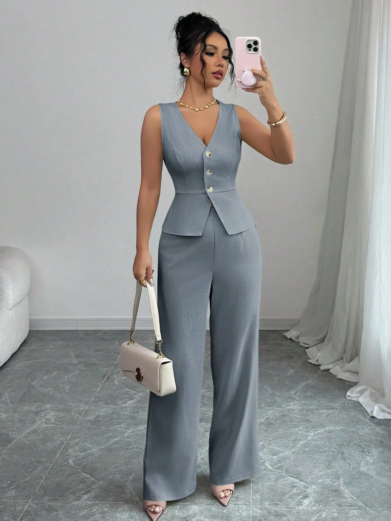 Solid Color Sleeveless Slim Fit Vest High Waist Trousers Two-piece Set - Gray Blue