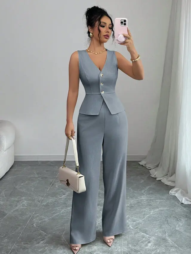 Solid Color Sleeveless Slim Fit Vest High Waist Trousers Two piece Set Gray Blue - Shop at LoveMi