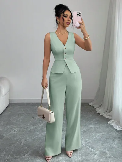 Solid Color Sleeveless Slim Fit Vest High Waist Trousers Two piece Set Mint Green - Shop at LoveMi