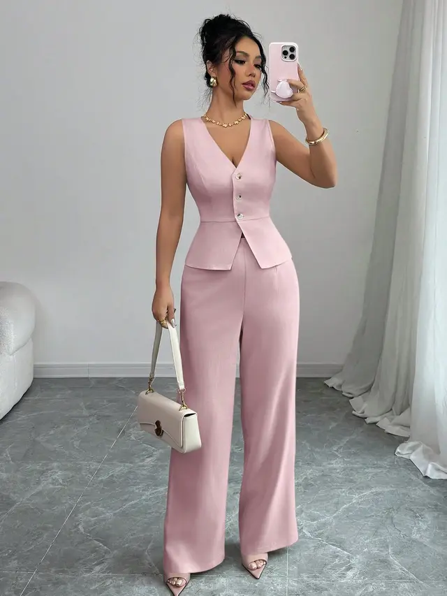 Solid Color Sleeveless Slim Fit Vest High Waist Trousers Two piece Set Pink - Shop at LoveMi