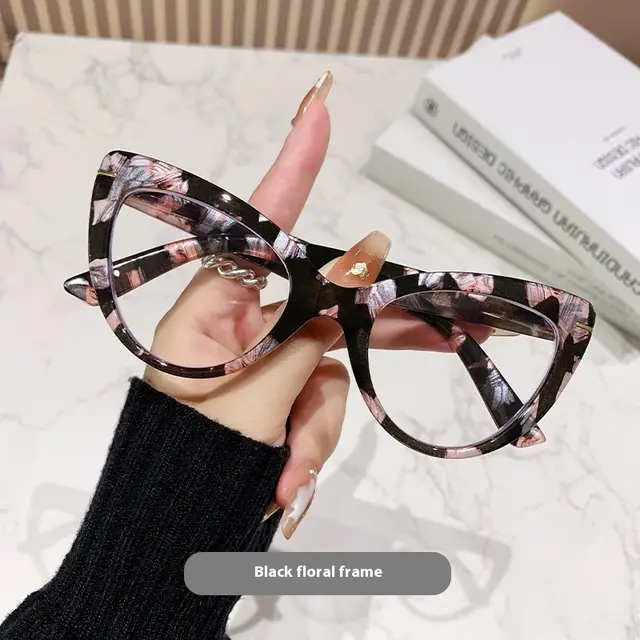 Women's Large Frame Cat's Eye High Presbyopic Glasses Black Floral Frame - Shop at LoveMi