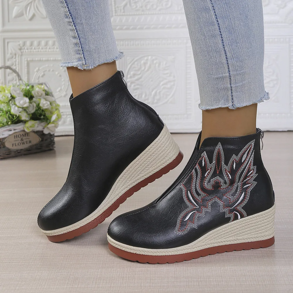 Embroidered Thick Version Retro Ankle Boots Women Red - Shop at LoveMi