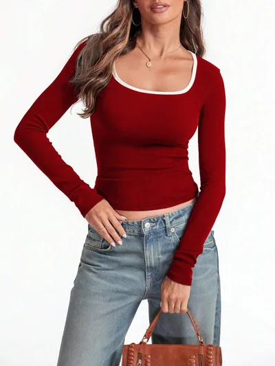 Square Collar Pullover Multicolor Solid Color Slim Fit Long Sleeves Top Wine - Shop at LoveMi