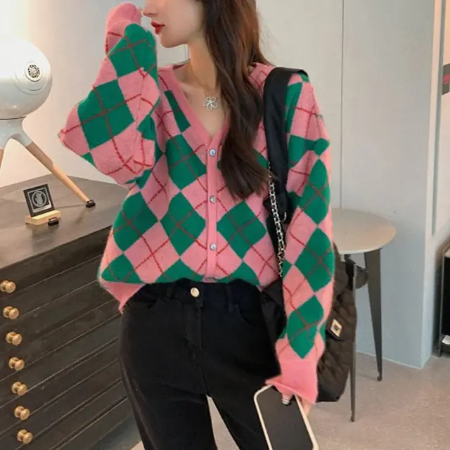 Color Matching Fashionable Knitted Casual Cardigan Easy Matching Coat Pink - Shop at LoveMi