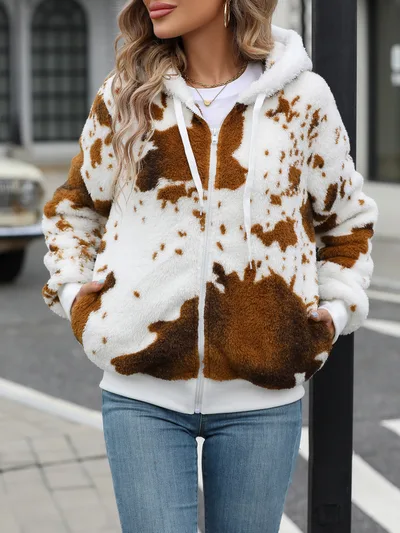 Hooded Zipper Plush Printed Cardigan Jacket Yellow - Shop at LoveMi