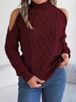 Casual Twist Strapless Half-high Collar Long Sleeves Sweaters Women's Clothing - Wine