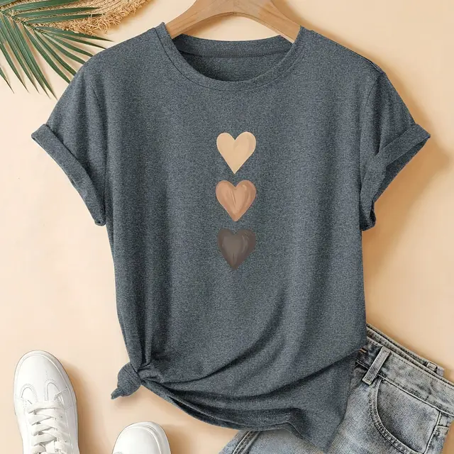 Three Heart Printing Summer Casual Sports Style Round Neck Women's Short Sleeve T shirt Dark Gray - Shop at LoveMi