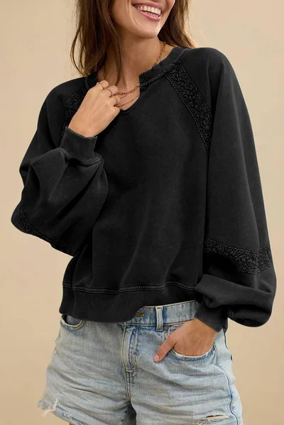 Solid Color Half open Collar Stitching Lace Loose And Stylish Long Sleeves Sweater Black - Shop at LoveMi