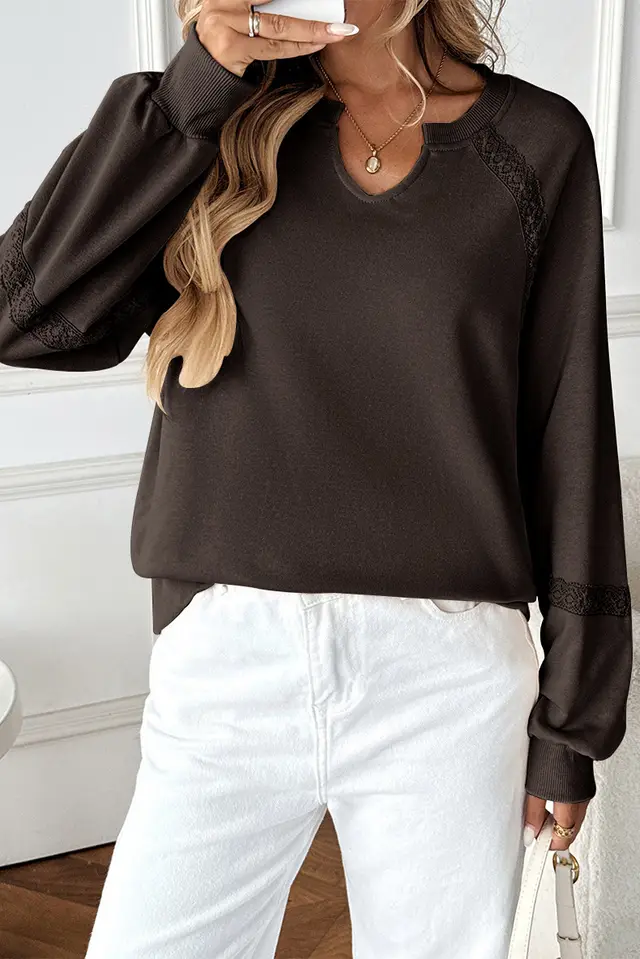Solid Color Half open Collar Stitching Lace Loose And Stylish Long Sleeves Sweater Brown - Shop at LoveMi